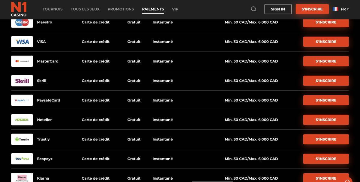 n1 casino paiement